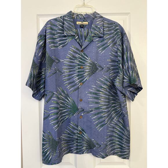 TOMMY BAHAMA Mens 100% Silk Hawaiian Camp Shirt Blue Palm Fronds Sz Large - Picture 1 of 8